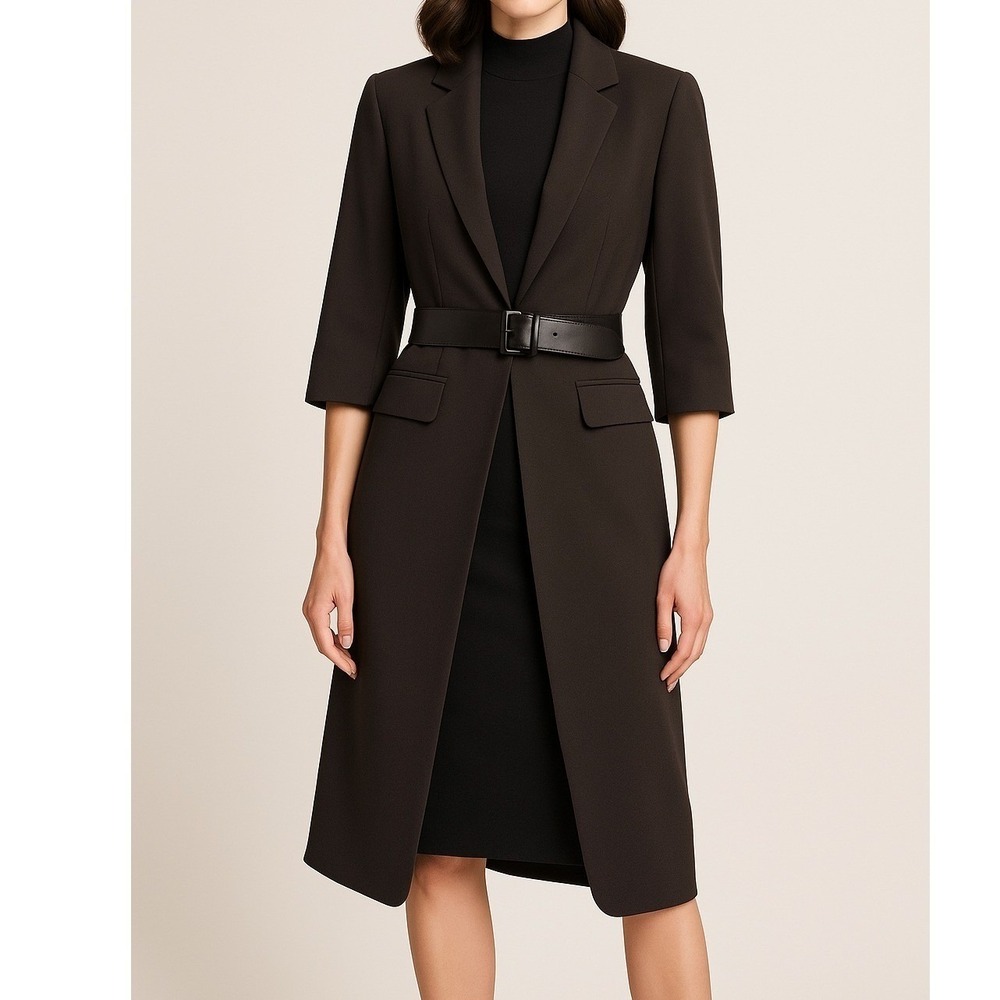 Anne Klein Long Black Belted Coat Fully Lined Button Front Size 14P - Picture 9 of 9